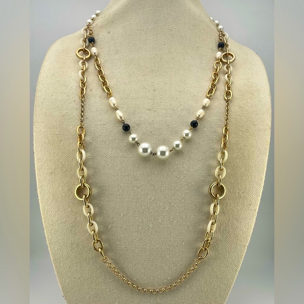 Statement Layered Chain & Pearl Necklace – Gold, Ivory & Black Beads